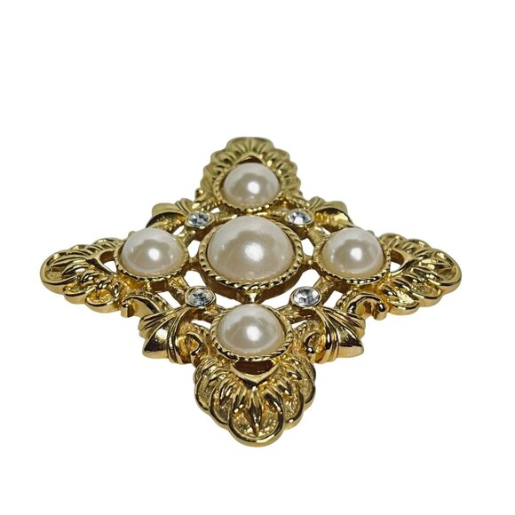 KJL for Avon Gold Tone, Faux Pearl And Clear Rhinestone Brooch/Pendant (6087) - Picture 5 of 10